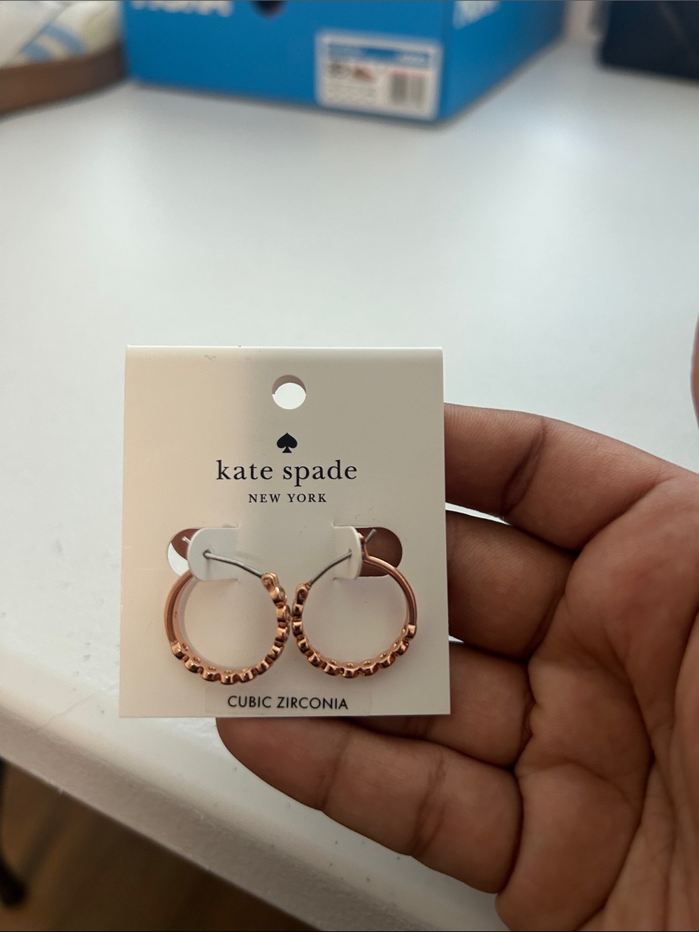 kate spade Rose Gold Hoop Earrings with Pink Cubic Stones - Picture 2 of 4
